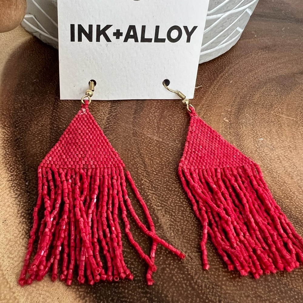 Ink + Alloy Red Beaded Fringe Earrings New with tag